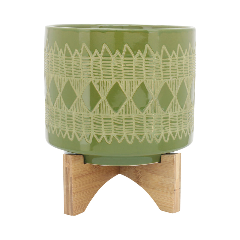 Ceramic 8" Aztec Planter On Wooden Stand, Olive image