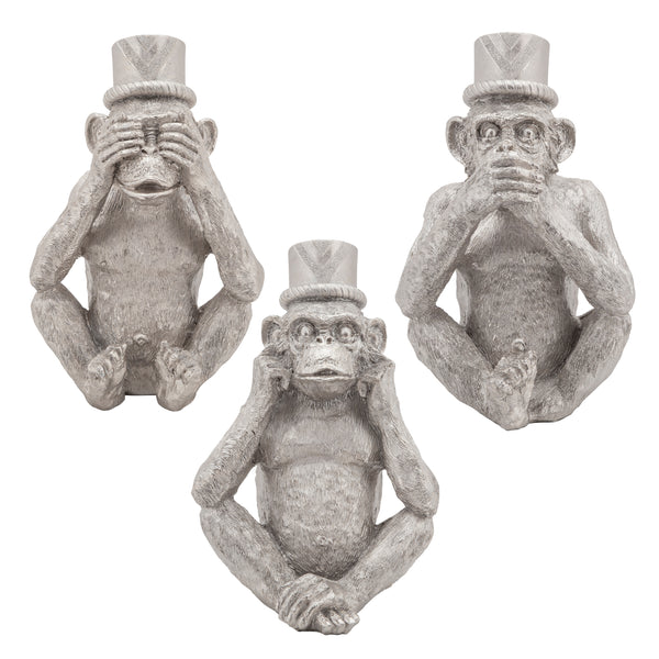 S/3 No Speak, Hear Or See Monkeys W/ Hat, Silver image