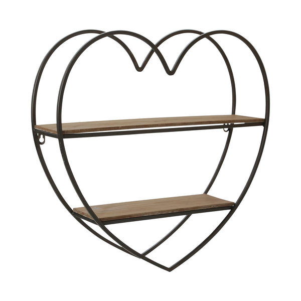 Metal/wood 2 Tier Heart Wall Shelf, Natural/black image