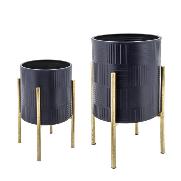 S/2 Textured Planter On Metal Stand, Navy/gld image