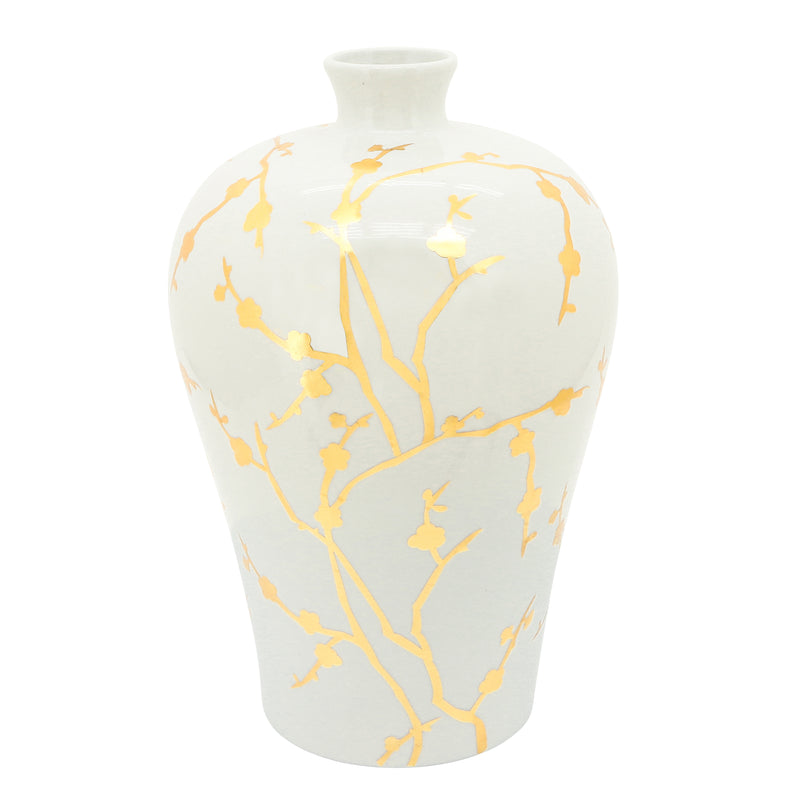 Cer 15"h, Vase W/ Gold Decal, White image