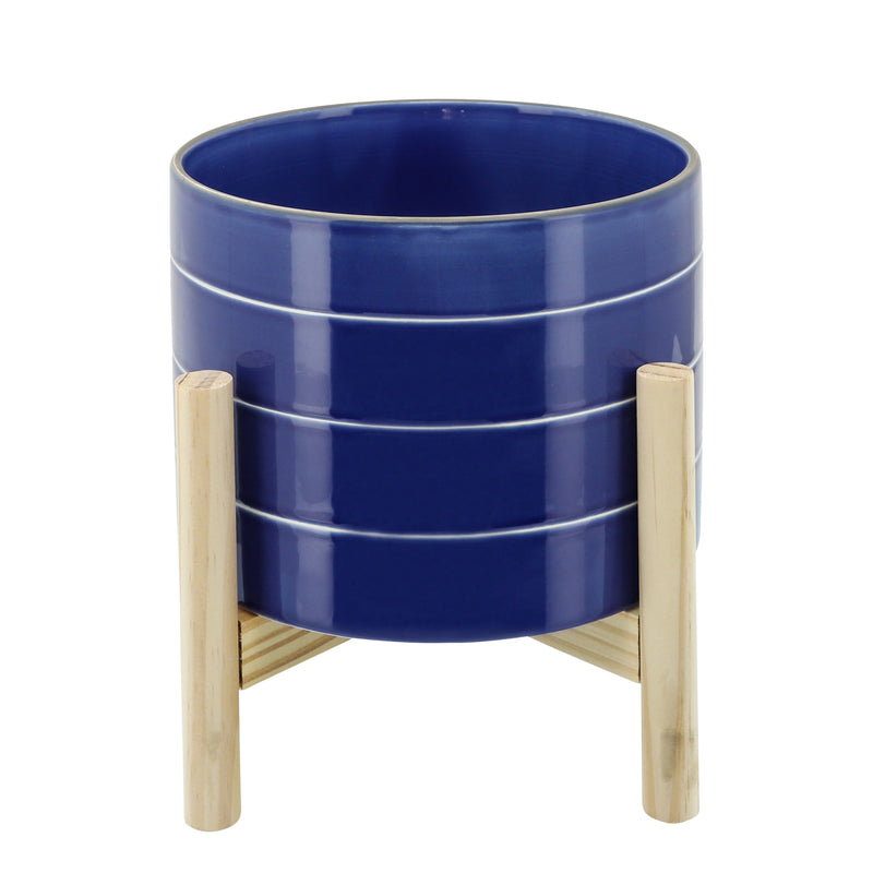 8" Striped Planter W/ Wood Stand, Navy image