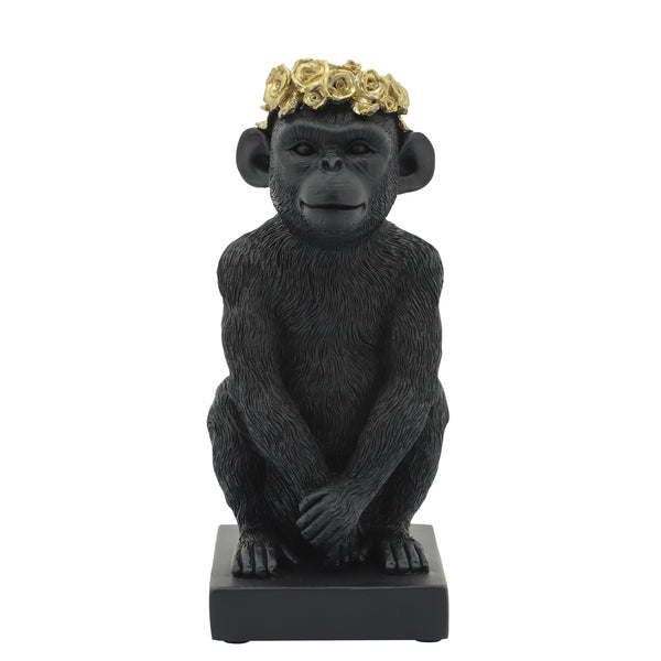 Res, 8" Monkey Flower Crown Figurine,  Blk/gld image
