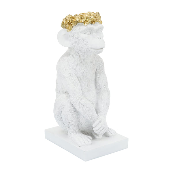 Res, 14" Monkey Figurine Flower Crown, Wht/gold image