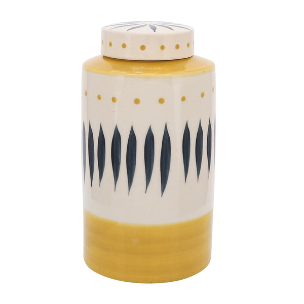 Cer, 10"h Tribal Jar W/ Lid, Yellow image