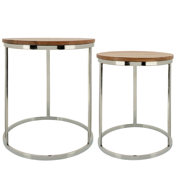 Metal, S/2 Side Tables W/ Wooden Top, Silver image
