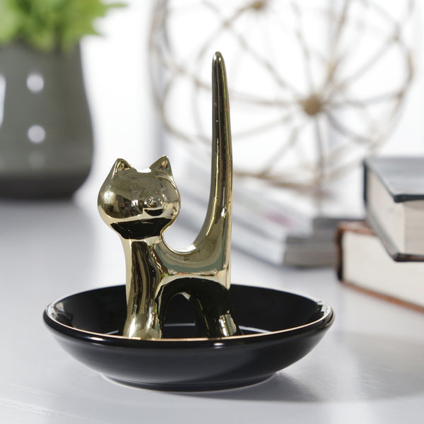 Ceramic 4" Cat Trinket Tray, Black/gold image