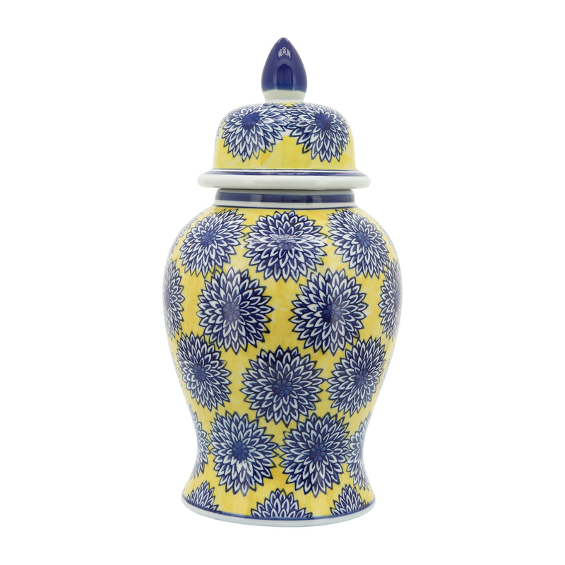 14" Temple Jar W/dalhia Flower,yellow/blue image