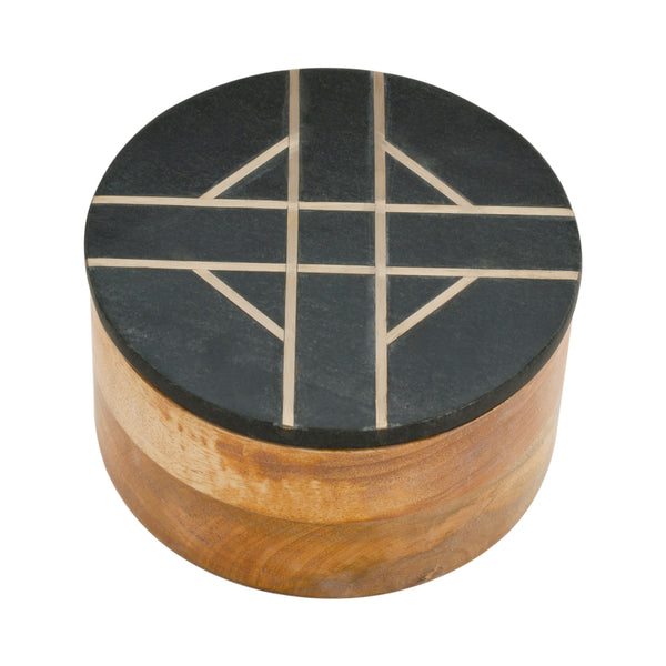 Wood, 6"d Round Box With Black Marble Top, Brown image