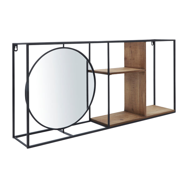 Metal/wood 34"l Wall Shelf With Mirror, Black/brow image
