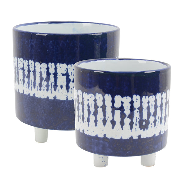 S/2 Ceramic Footed Planters 9/6, White/blue image
