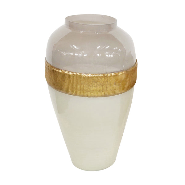 Glass 21"h Ginger Vase W/ Brass Band, White image