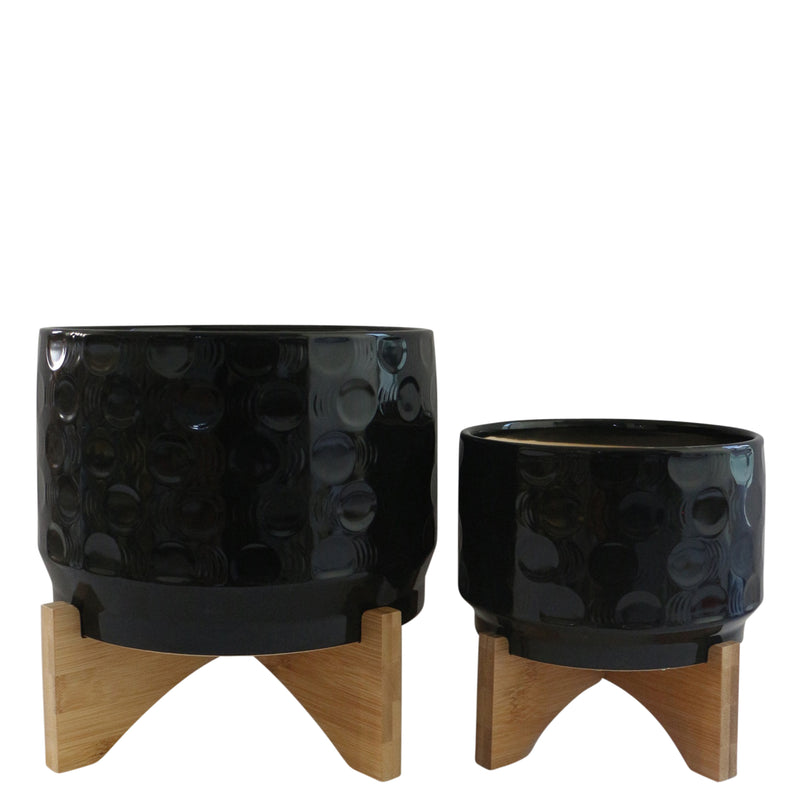 Cer, S/2 8/10" Circles Planter On Stand, Black image