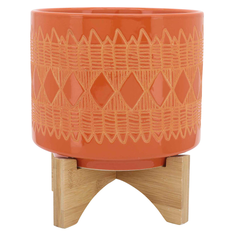 Ceramic 8" Aztec Planter On Wooden Stand, Orange image