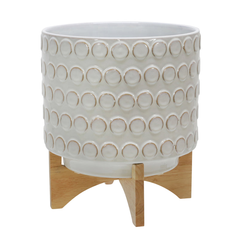 Ceramic 10" Planter On Wooden Stand, Ivory image
