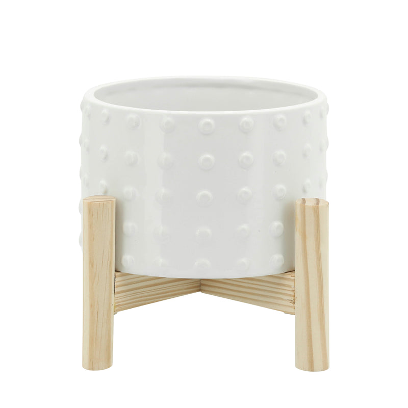 6" Ceramic Dotted Planter W/ Wood Stand, White image