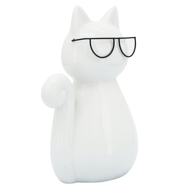 Porcelain, 7"h Cat W/ Glasses, White image