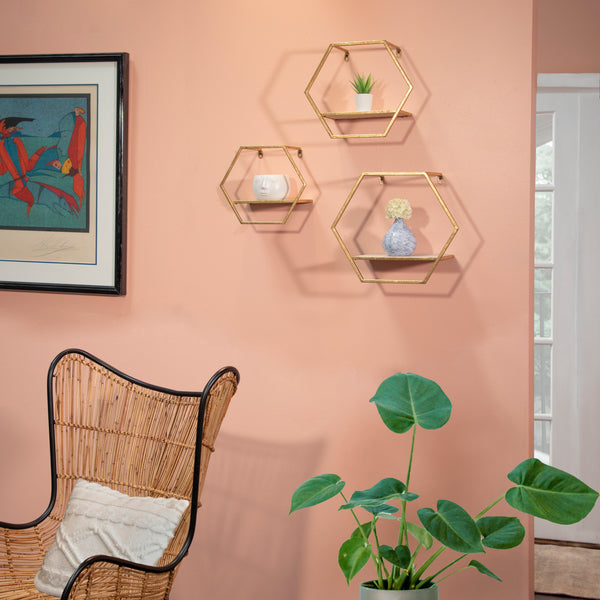 S/3 Metal/wood Hexagon Wall Shelves, Gold image