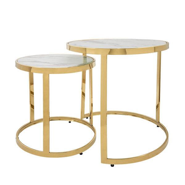 S/2 Metal/marble Glass Round Side Table, Gold image