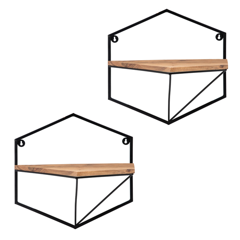 S/2 Metal/wood, Hexagon Wall Shelves, Brown image