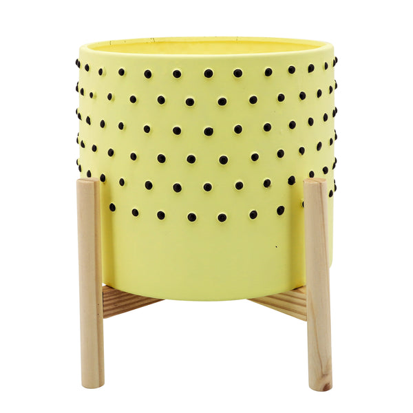 10" Dotted Planter W/ Wood Stand, Yellow image