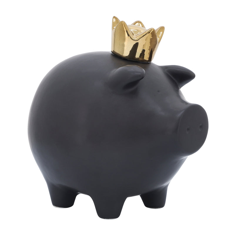 Cer, 8" Pig With Crown, Black image