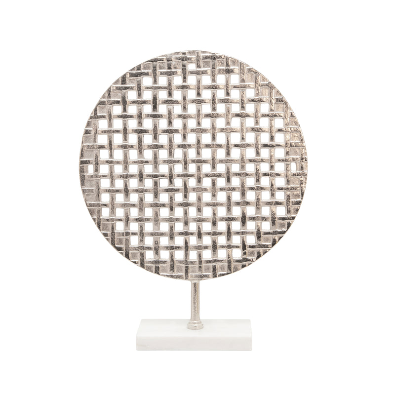 21" Metal Round Mesh Deco On Marble Base, Silver image