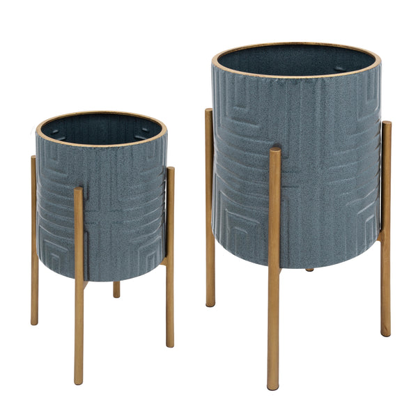 S/2 Planter On Metal Stand, Slate Blue/gold image