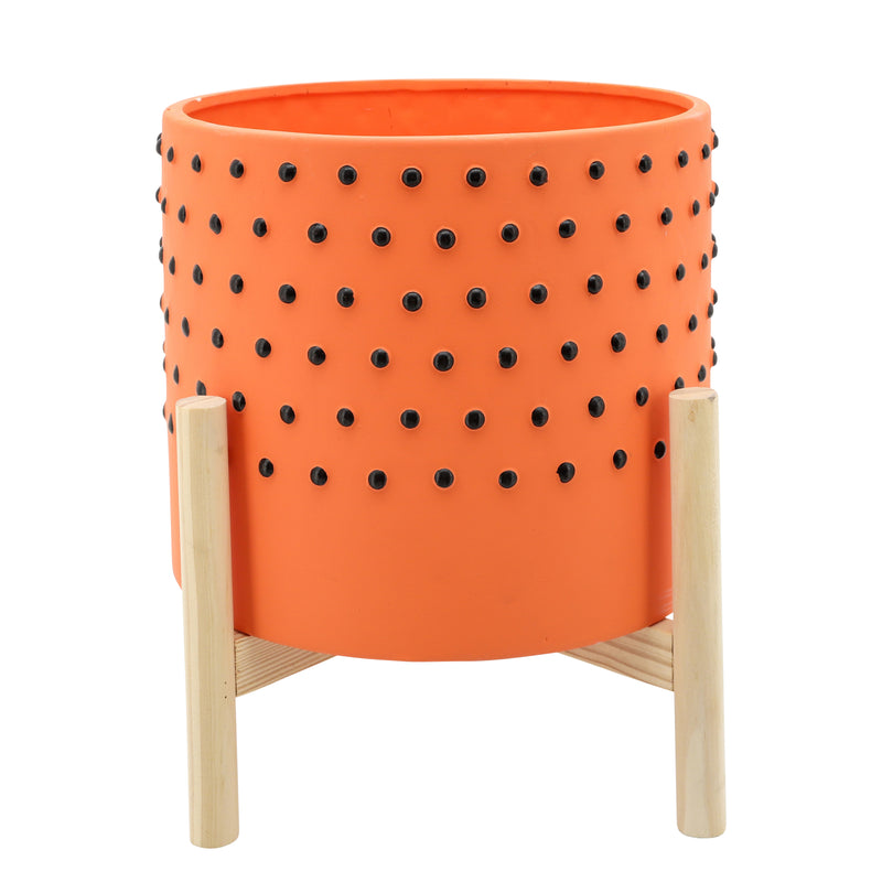 10" Dotted Planter W/ Wood Stand, Orange image