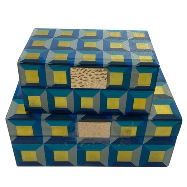 Wood, S/2 6/8" Checkered Boxes, Blue/gold image
