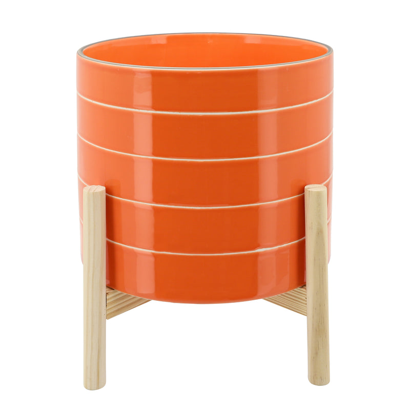 10" Striped Planter W/ Wood Stand, Orange image
