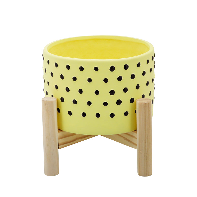 6" Dotted Planter W/ Wood Stand, Yellow image