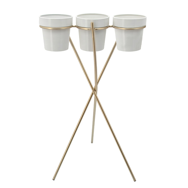 3-cup Metal Planter On Gold Stand, White image