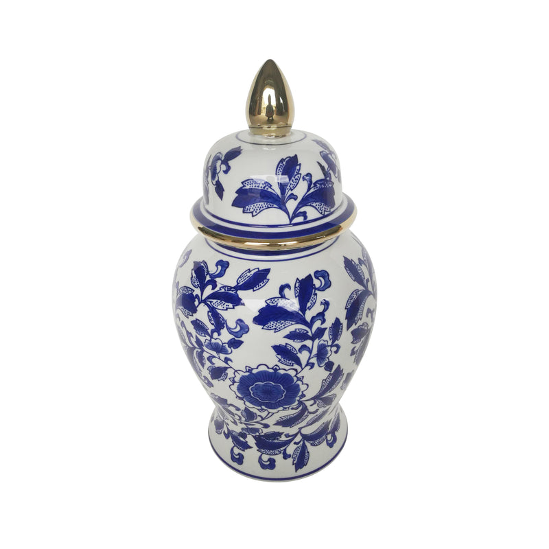 14" Temple Jar W/ Rose Flower, Blue & White image