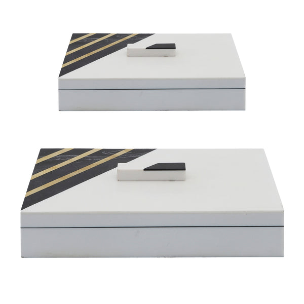 Resin, S/2 10/12" Striped Boxes W/ Knob, Black/whi image