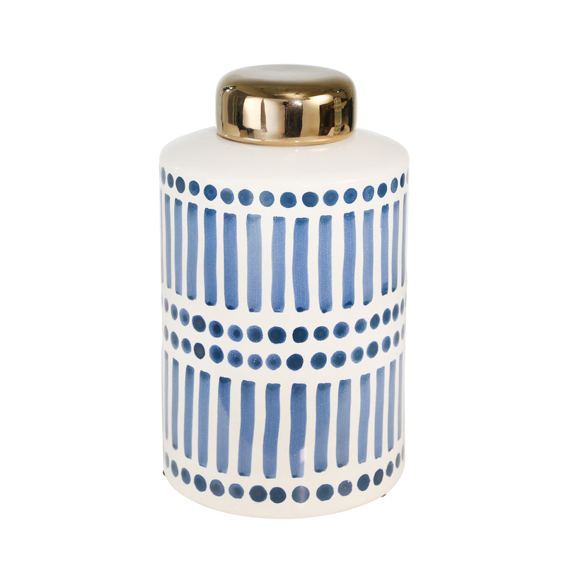 Ceramic 9" Jar With Gold Lid, Blue image