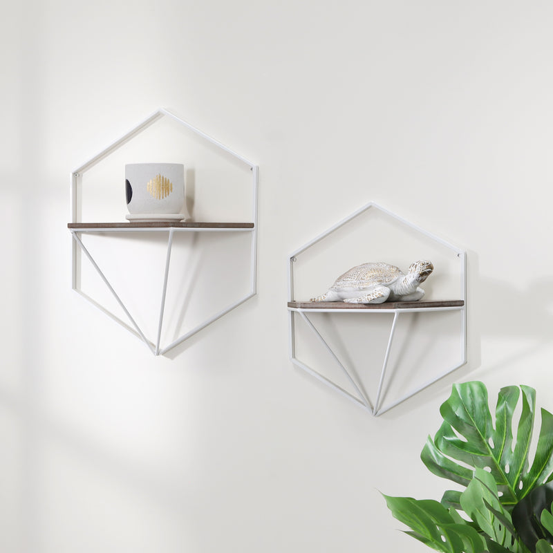S/2 Metal / Wood Hexagon Wall Shelves, Wht/gray image