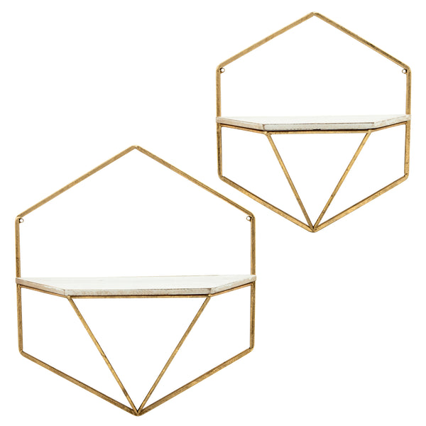 S/2 Metal / Wood Hexagon Wall Shelves, Gold/wht image