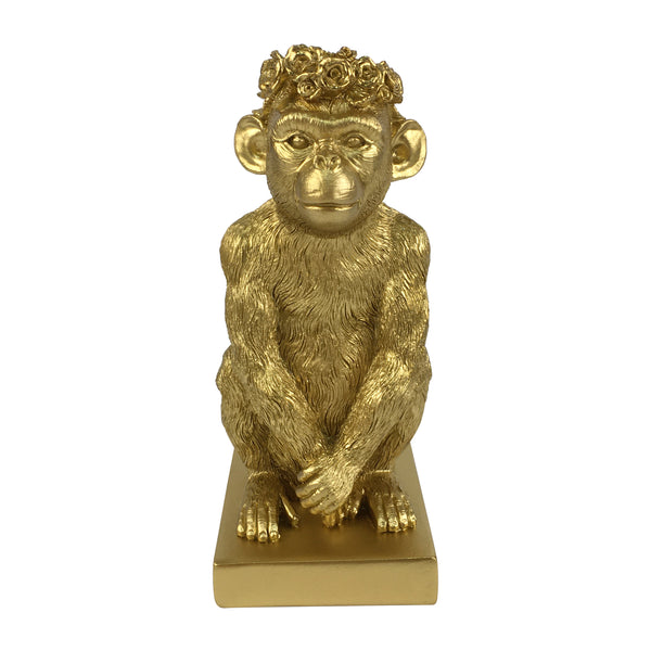 Res, 8" Monkey Figurine Flower Crown, Gold image
