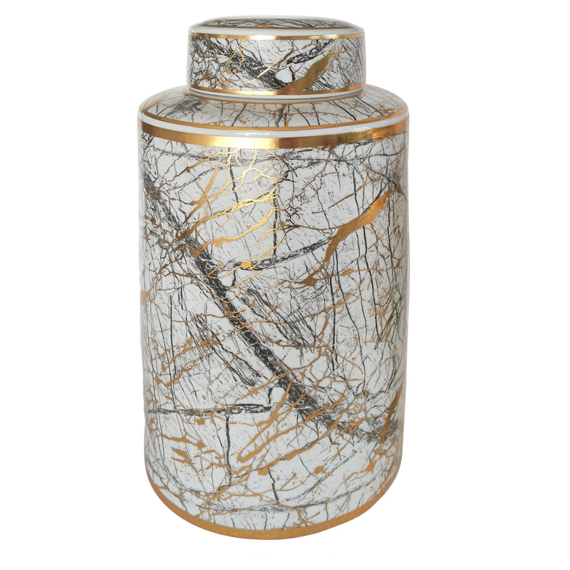 Ceramic 16" Jar With Gold Lid, White image