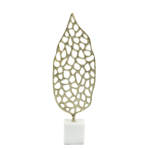 Metal, 19"h Cut-out Leaf On Stand, Gold image