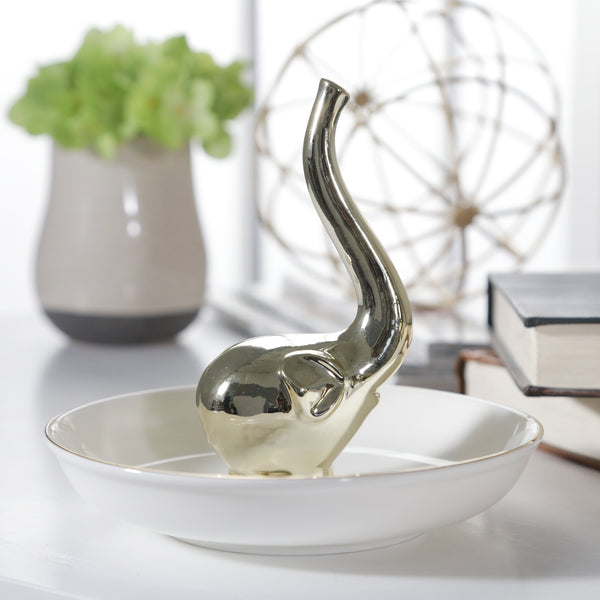 Ceramic 6" Elephant Ring Holder, White/gold image