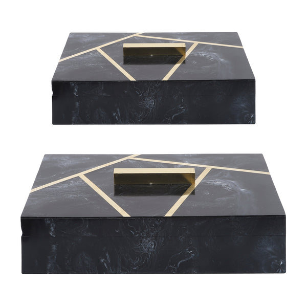 Resin, S/2 10/12" Boxes W/ Knob, Black/gold image