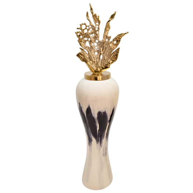 43"h Metal Vase W/ Leaf Like Lid, White image