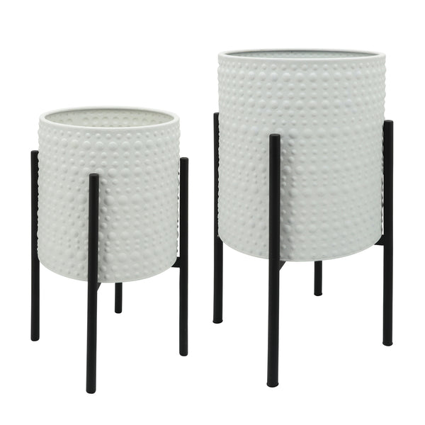 S/2 Dotted Planters In Metal Stand, White image