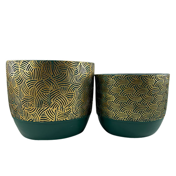 Resin, S/2 10/13"d Swirl Planters, Green/gold image
