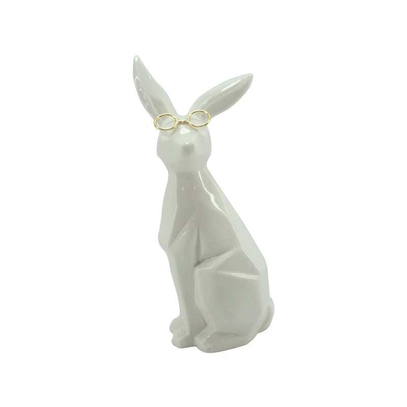 Cer, 8"h Sideview Bunny W/ Glasses, White/gold image