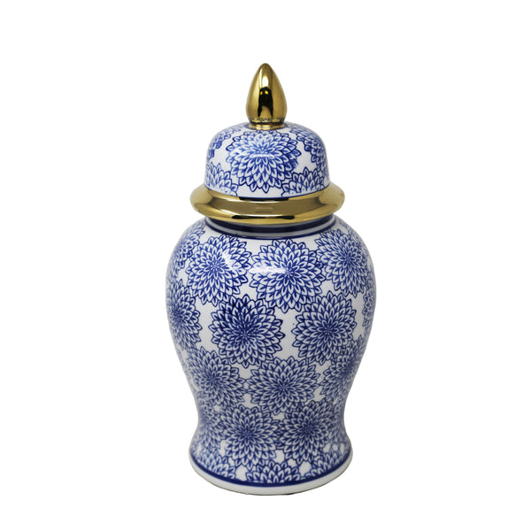 14" Temple Jar W/dalhia Flower,blue & White image