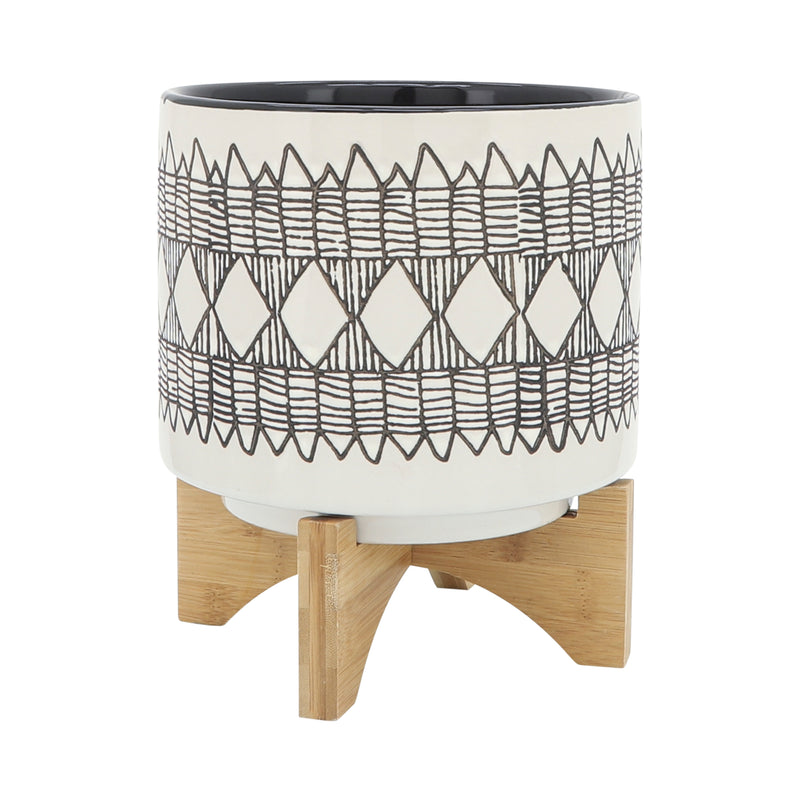 Ceramic 8" Aztec Planter On Wooden Stand, Gray image