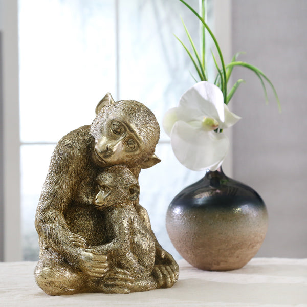 Resin 9" Monkey Mother W/ Baby,gold image